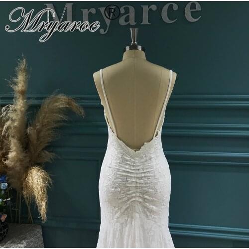 Mryarce Stretch Lace Mermaid Flexible Wedding Dress V Neck Open Back Bridal Gowns