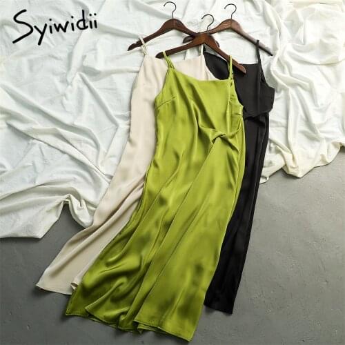 Syiwidii Long Prom Dress for Women Sexy Spaghetti Strap Backless Satin Midi Party Dresses Summer 2021 Evening Robe Green White