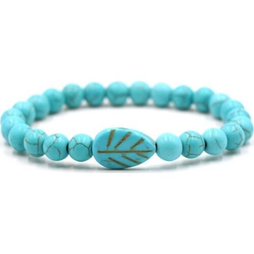FYJS Unique Green Turquoises Stone Engraved Leaf Connect 8 mm Round Beads Stretchy Bracelet for Christmas Gift Jewelry