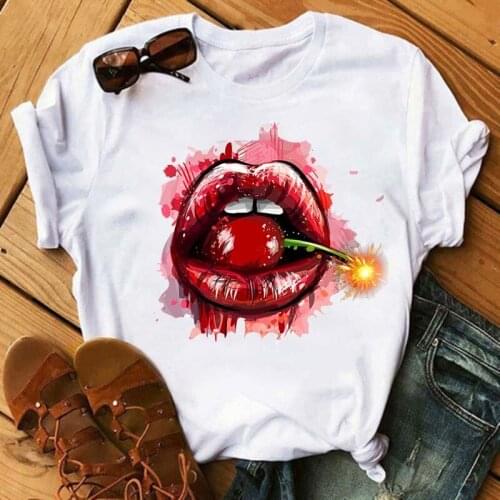 Maycaur Women Tshirt Korean Styles T Shirts Beautiful Lipstick T Shirt Graphic Tees Women Clothes Lips Makeup Art Summer Tee Top