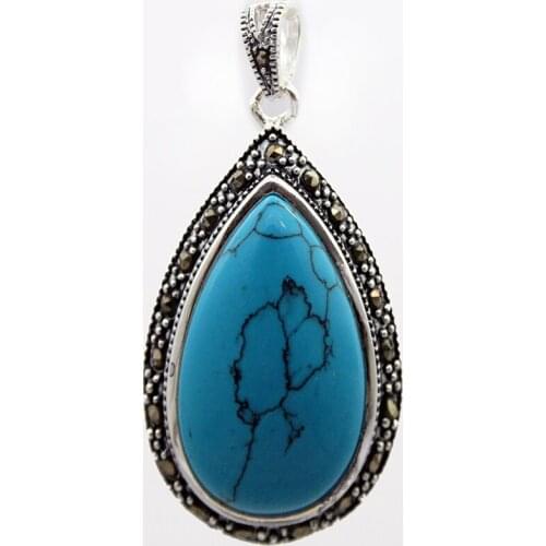 925 Sterling Silver& Marcasite 40x20mm blue Waterdrop Turquoise Ladys Men Pendant