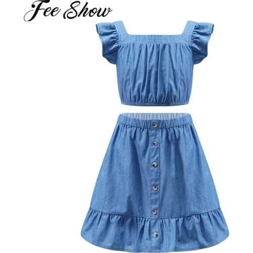 Kids Girls Child Clothes Summer 2021 Denim Outfits Ruffle Vest Crop Top + Skirt 2Pcs Set Teenage Girls Fashion Street Wear