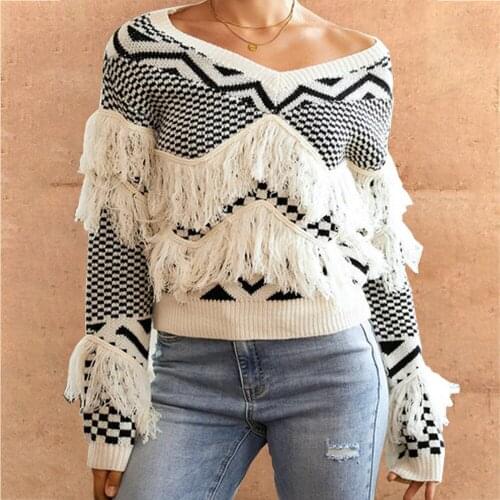 Women Office Lady Tassel White and Black Knitted Sweater Long Sleeve V neck Casual Pullover 2021 Winter New Fashion Sweater