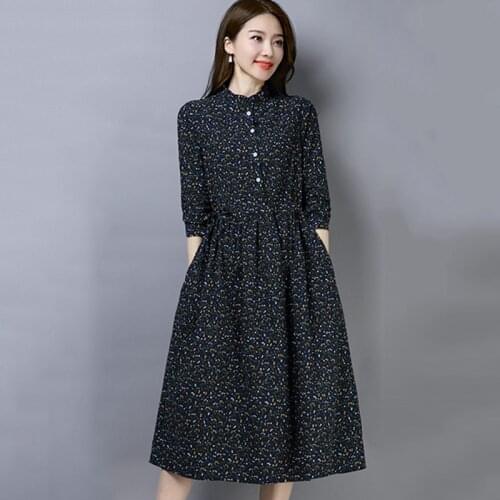 New cotton Linen long-Sleeve Dress Women 2019 Spring New Mori girl Vintage floral Print A Line Loose Midi Dress Female Vestidos