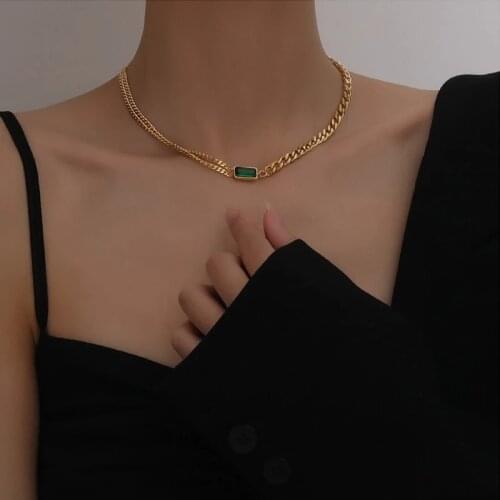 2021 NEW Korean Gold Color Titanium Stainless Steel Green Zircon Double layers Thick Chain Crystal Necklace for Women Jewelry