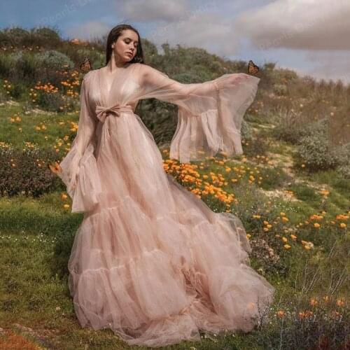 Customized Pregnant Prom Dresses 2021 Womens Robe Dubai Couture Evening Dress Layered Ruffles Transparent Night Dress Plus Size