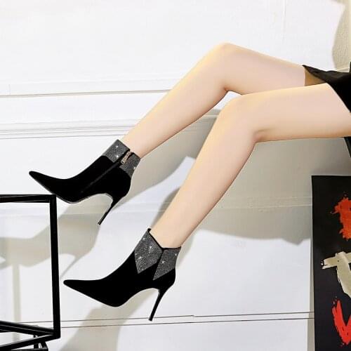 European and American fashion nightclub sexy thin banquet slim heels high heel suede pointed Lapel water diamond short boots