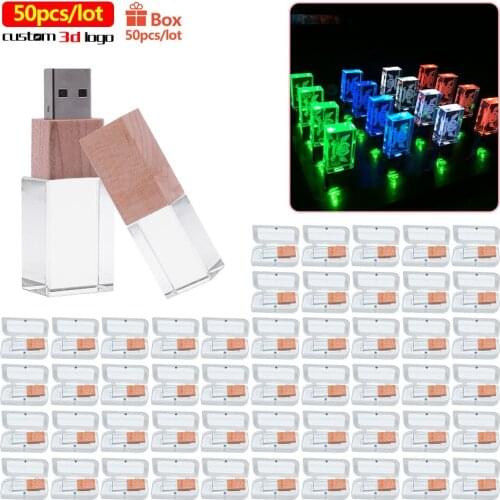 50pcs/lot pendrive Free Custom logo LED usb flash drives crystal transparent glass usb 2.0 8GB 16GB 32GB 64GB business gift