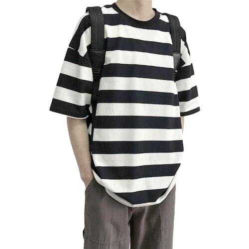 Men T-Shirts Stylish O Neck Short Sleeve Horizontal Stripes Bottoming Top Cotton loose Men T-shirt Summer 2021