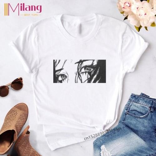 Tearful Girl Summer Aesthetic Korean Style White T Shirt Graphic Harajuku Tees Black Comics Anime Tshirt Women Clothes Drop ship