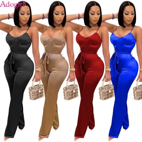 Adogirl Solid Strap Wide Leg Pants Elegant Jumpsuit With Belt Women Sleeveless Backless Romper Office Lady One Piece Night Club