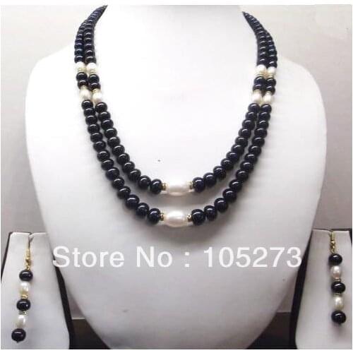 New Free Shipping Pearl Jewelry Set 4-10mm Natural White Black Flat Freshwater Pearl 2Rows Necklace 17-18'' Earrings Top Quality