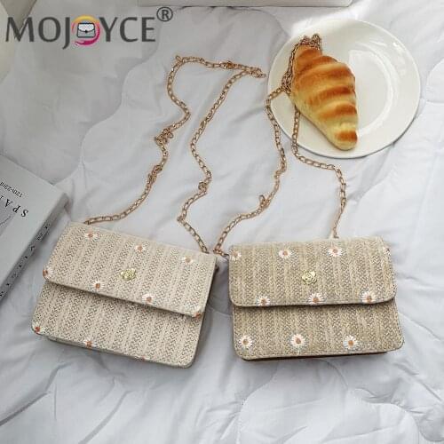 Summer Vacation Flower Patchwork Lace Thin Chain Messenger Handbags Fashion Women Woven Straw Daisy Shoulder Crossbody Bag