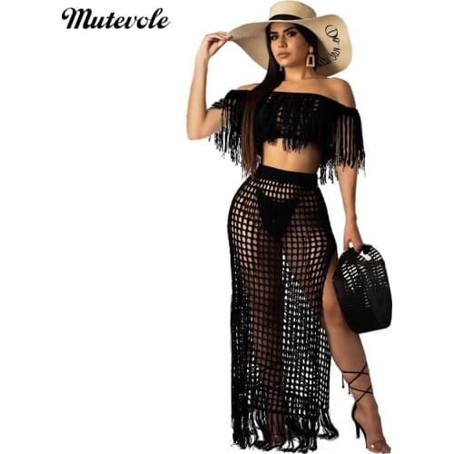 Mutevole Summer Swim Cover Up Dress Women Beach Wear Tassel Knit Two Piece Set Sexy Crochet Crop Top and High Split Skirt