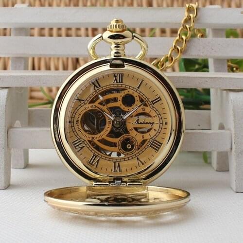 10pcs/lot Retro Gold Hollowed Gear Steampunk Mechanical Pocket Watch Roman Dial Flip Pocket Watches
