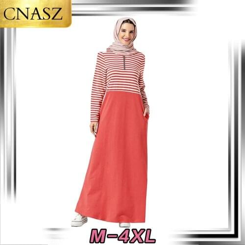 Latest Muslim Dress Dubai Style Middle East Elegant Sweater Skirt Islamic Fashion Striped Zipped Pocket Arab Moroccan Kimono