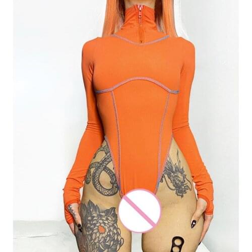 OMSJ Sexy Sheath Turtleneck Sporty Biker Fashion Casual Bodysuits Tops Autumn 2021 Brand New Long Sleeve Zip-up Cool Streetwears