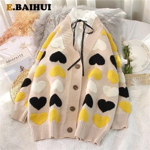 EBAIHUI Autumn and Winter Jacket Loose Heart Pattern V-neck Long-sleeved Oversized Womens Knitted Cardigan Retro Sweater