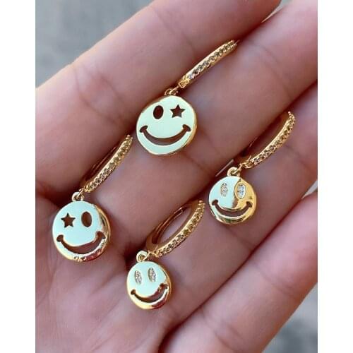 5 Pairs, Hot Funny Smiley Face Pendant Hoop Earrings For Women Handmade Gold Color Metal CZ Earring Jewelry Gifts
