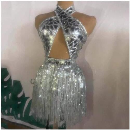 Birthday Celebrate dress Silver Sequin Fringe Short Dress Evening Women Dancer Singer DS Show Outfit Wear