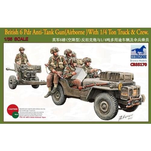 BRONCO CB35170 1/35 British 6 Pdr Anti-Tank Gun With 1/4 Ton Truck & Crew - Scale Model Kit