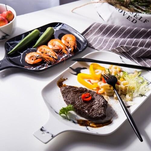 Marble Pattern Rectangular Round Ceramic Platter Ceramic Dinner Plate with handle Food Serving Tray