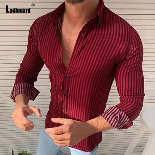 Men Elegant Fashion Skinny Top Long Sleeve Shirt Model Stripe Blouse Sexy Mens clothing 2021 Single-Breasted Autumn Casual Shirt
