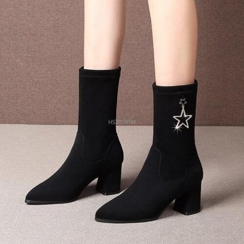 Winter Women Mid-calf Boots Black Flock 6.5cm High Chunky Heel Casual Office Lady Round Toe Crystal Zipper Warm Plush Half Boots