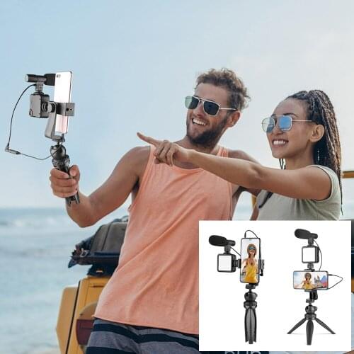 Smartphone Camera Video Vlogging Microphone Kit LED Light Phone Holder Tripod Portable Handheld stabilizer for YouTube TikTok