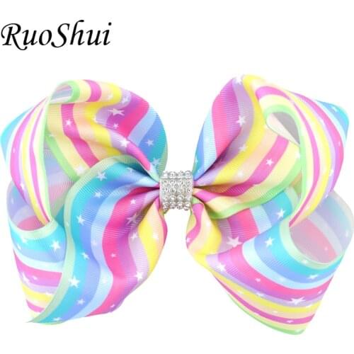 Rhinestone 1pc 8 Inch Lovely Rainbow Grosgrain Ribbon Hair Bows Alligator Clips Barrettes for Girls Children Hair Accessories