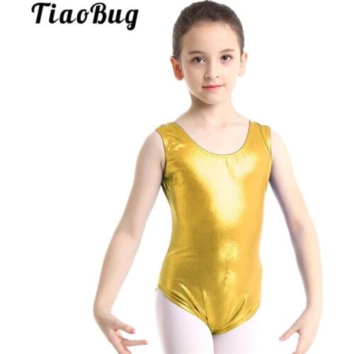 TiaoBug Girls Sleeveless Shiny Ballet Gymnastics Leotard Child Solid Color Sports Bodysuit Kids Stage Performance Dance Costume