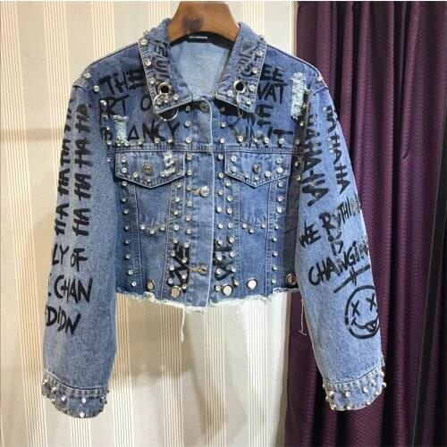 2020 Punk Letter Print Rivets Beading Autumn Loose Style Women Denim Jacket Coat Crop Tops Abrigos Mujer