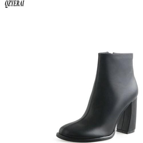 QZYERAI Ankle boots Genuine leather Female boots 9 cm heel bend with Womens boots Autumn and winter cowhide Womens shoes