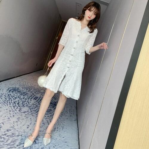 Women Three-quarter Sleeve V Neck Elegant Dresses Vintage Bandage Mermaid Dress Spring Sexy Party Bodycon Office Lace Dresses