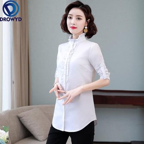 100% Pure Silk Womens Shirts Ruffled Collar Long Sleeves Ruffles Elegant Fashion Runway Shirt Blouse Tops Summer Shirts DROWYD