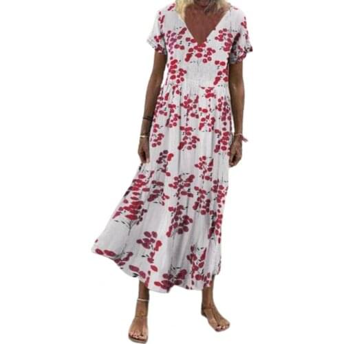 Summer Women Sundress Bohemian Floral Print Beach Maxi Dress Slim Stretchy Fashion Vintage V Neck Short Sleeve Ladies Vestidos