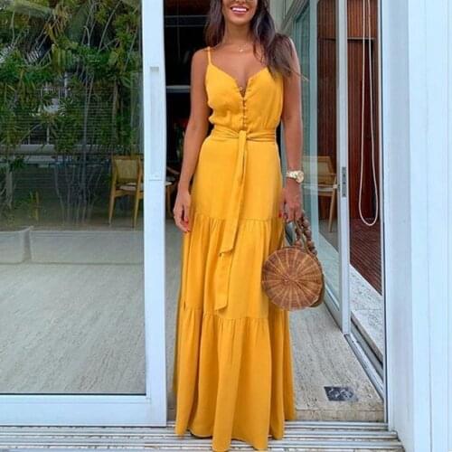 2021 Summer New V-neck Sleeveless Dress Women Long Dress Fashion Pop Solid Color Button Beach Clothes with Belt Femme Robe