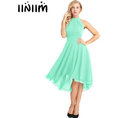 Elegant Women Halter Neck Sleeveless High-low Chiffon Dresses Vestidos Cocktail Ladies Birthday Party Summer Dress