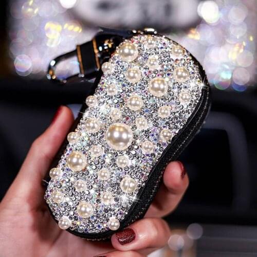2019 Pearl Crystal Car Key Case for Women Genuine Leather Key Wallets Multi Function Key Bag Fashion Housekeeper Key Holders