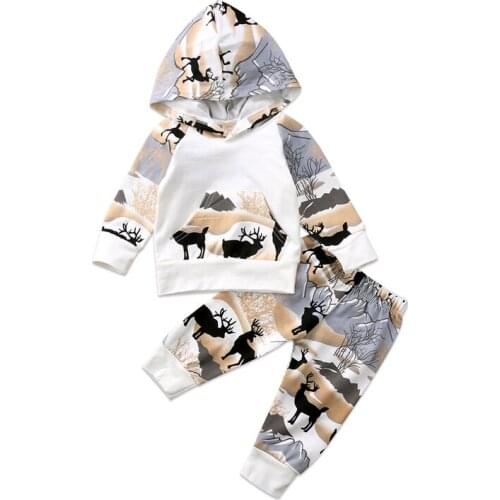 2020 Autumn Infant Toddler Kids Baby Boy Girl Clothes Cartoon Print Hooded Top Long Pants Cotton Outfits 2pcs