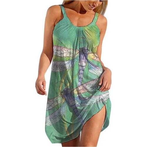 2021 Sexy Sleeveless Summer Dress Womens Dress Loose Beach Wear with Printed Hem Retro Strap Fashion Sling All-match Dress New