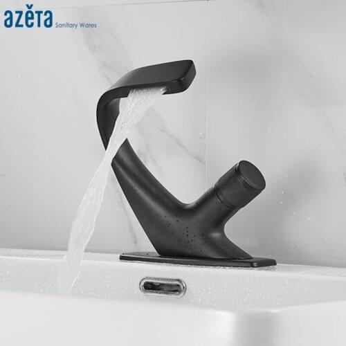 Azeta Modern Basin Faucet Black Single Hole Deck Mounted Bathroom Mixer Tap Waterfall Washbasin Sink Faucet Crane AT7816B