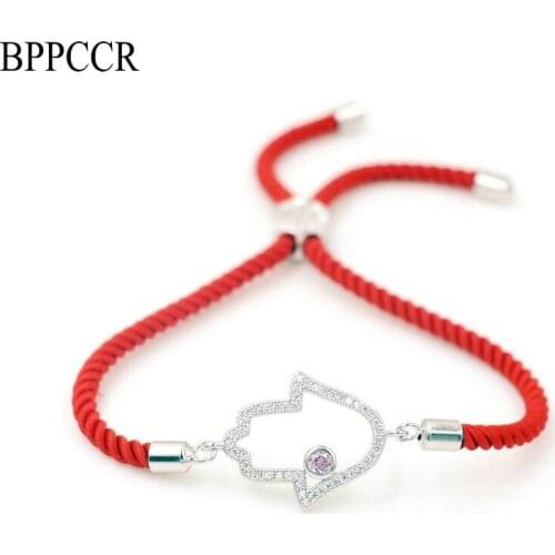 BPPCCR Women Silver Color Micro Inlay CZ Fatima Crystal Bracelet For Couples Red Thread Rope Lucky Bracelets Jewelry Lovers Gift