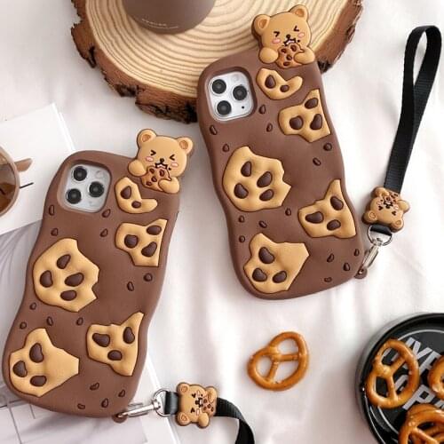 3D Kawaii Cartoon Chocolate Cookie Bear Case for iPhone 11 Pro Max XR X XS Max 7 8 Biscuit Soft Silicone Lanyard Rope Back Cover