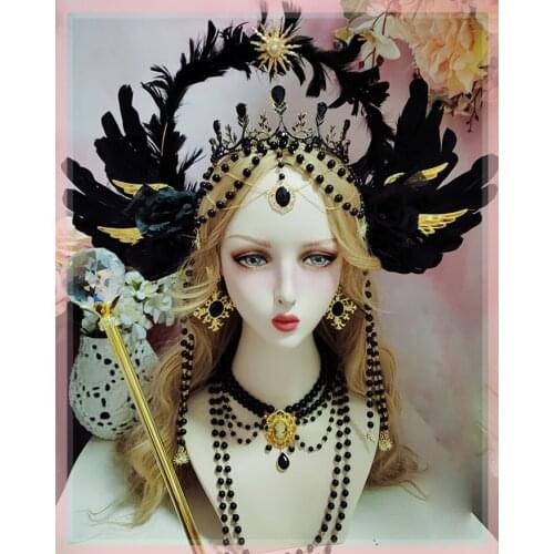 Black Devil Angel Feather Wings Goddess Sun Halo Hair Crown Headband Gothic Lolita Gorgeous Virgin Mary Baroque Tiara Headwear