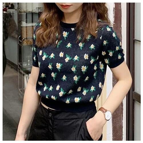 Printed short sleeve T-shirt womens spring and summer 2021 new temperament slim thin knitwear round neck top fashion