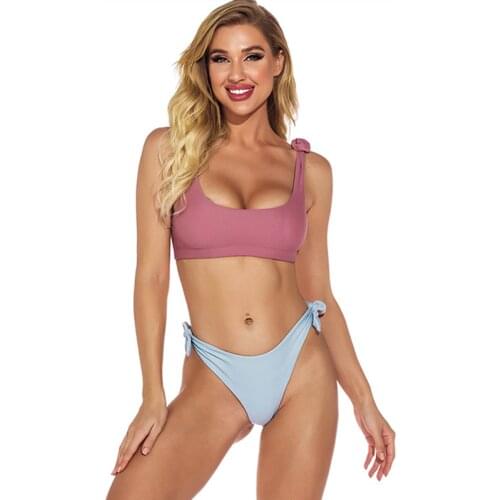 2021 Bikini Set Bandeau Swimwear Women Knot Mid Waist Swimsuit Female Beachwear Solid Swimwear Bather Two Pieces Bathing Suit