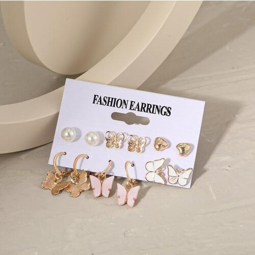 Vintage Boho Women Butterfly Earrings Set Golden Heart Pearl Jewelry Ladies Dangle Earrings Trendy 2021 New Acrylic Earrings