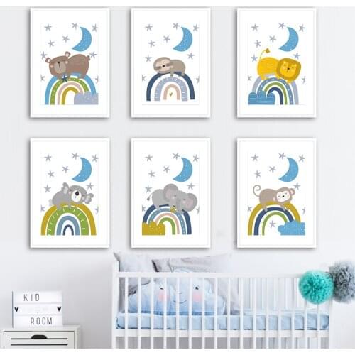 Rainbow Moon Sleeping Lion Koala Sloth Wall Art Canvas Painting Nordic Posters And Prints Wall Pictures Kids Baby Room Decor