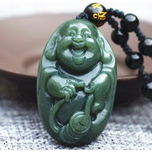 Natural Dark Green HETIAN Nephrite Pendant 3D Carved Buddha Patron saint Pendants Necklace Gift for Woman Mens Jades Jewelry